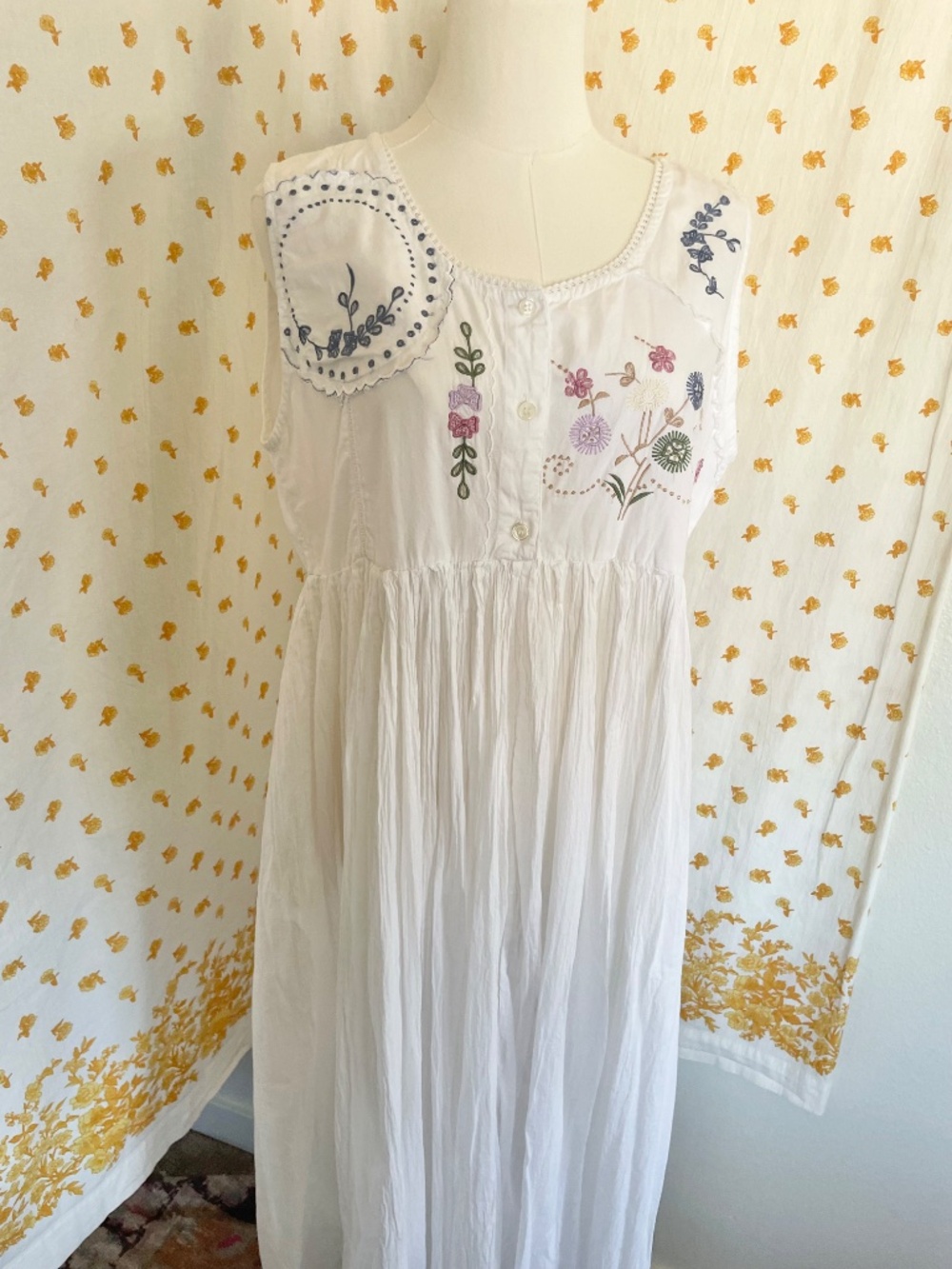 Vintage Papillon White Cotton Embroidered Prairie Maxi Dress S/M - Picture 8 of 11